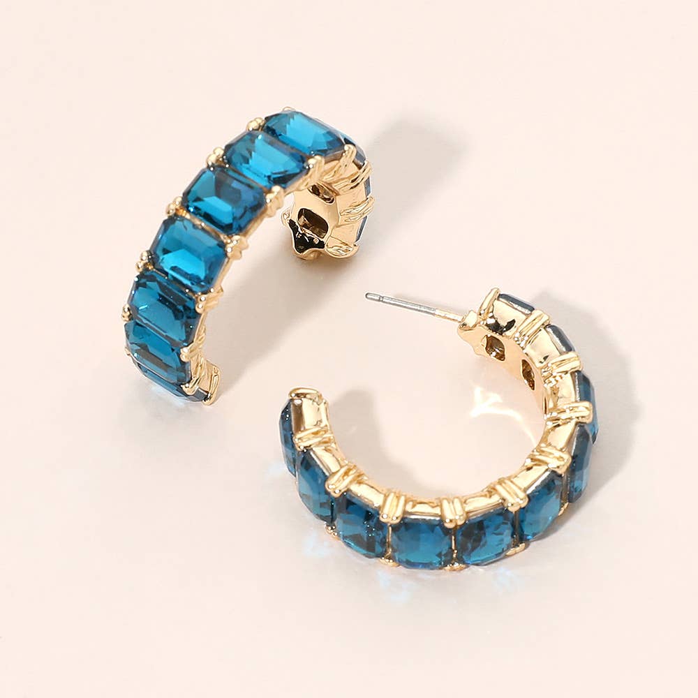 Faceted Rectangular Gem Curved Hoop Earrings: Champagne,Gold