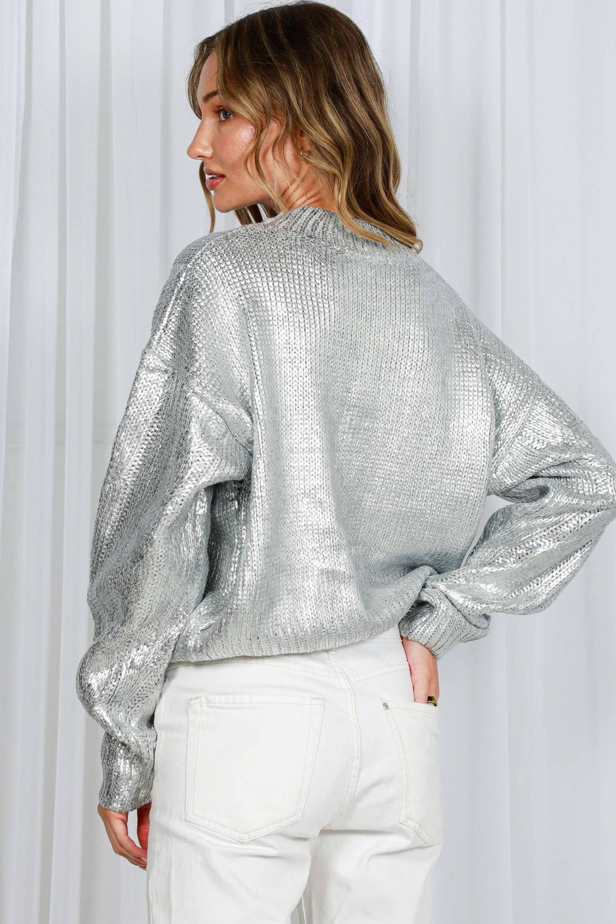 Metallic Foil Crew Neck Knitted Sweater Gold