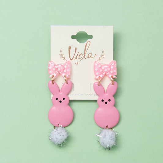 Pink Bunny Post Dangle Earrings with Polka Dot Bow and Pom