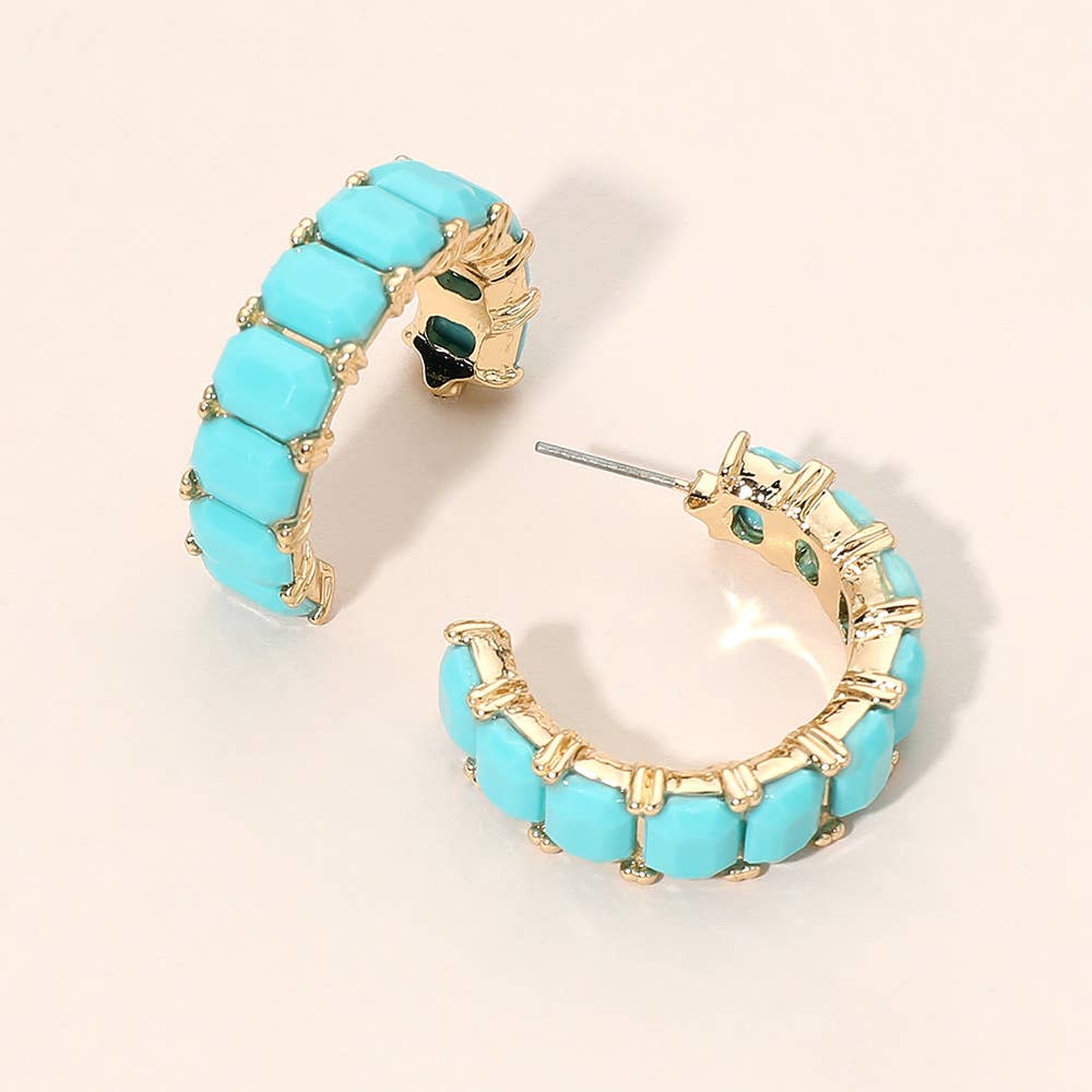 Faceted Rectangular Gem Curved Hoop Earrings: Champagne,Gold