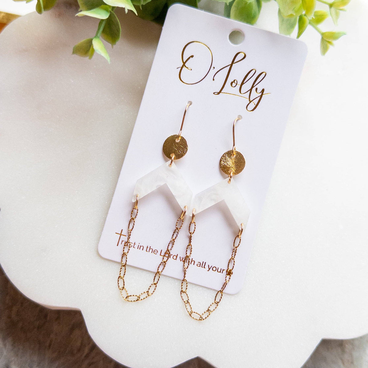 White Geometric Acrylic & Gold Chain Drop Earrings “Celeste”