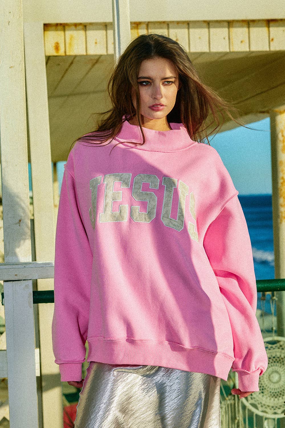 Jesus | Camo Embroidered Mockneck Sweatshirt: BUBBLEGUM PINK