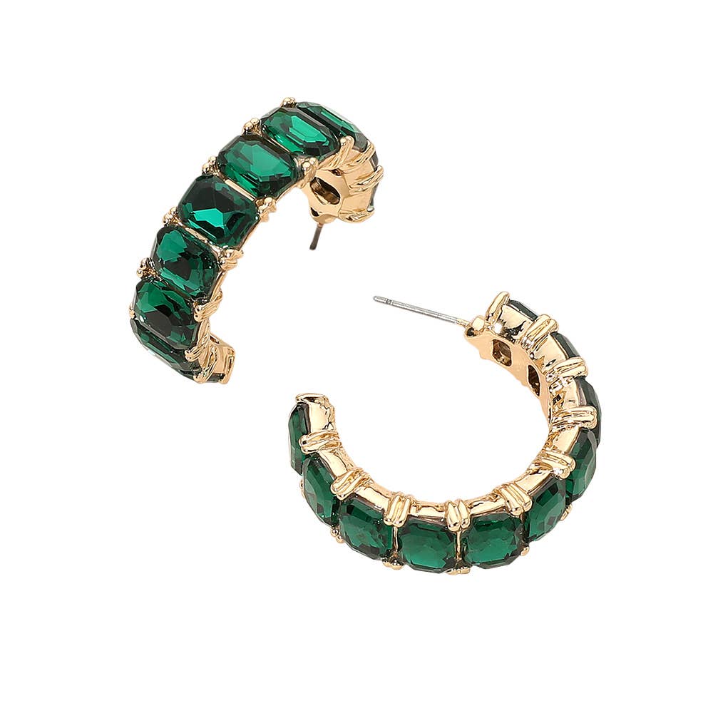 Faceted Rectangular Gem Curved Hoop Earrings: Champagne,Gold