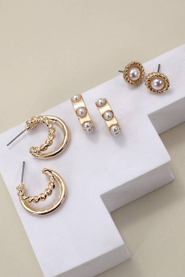 GOLD PEARL HOOP STUD TRIO EARRINGS | 80E2990: GOLD