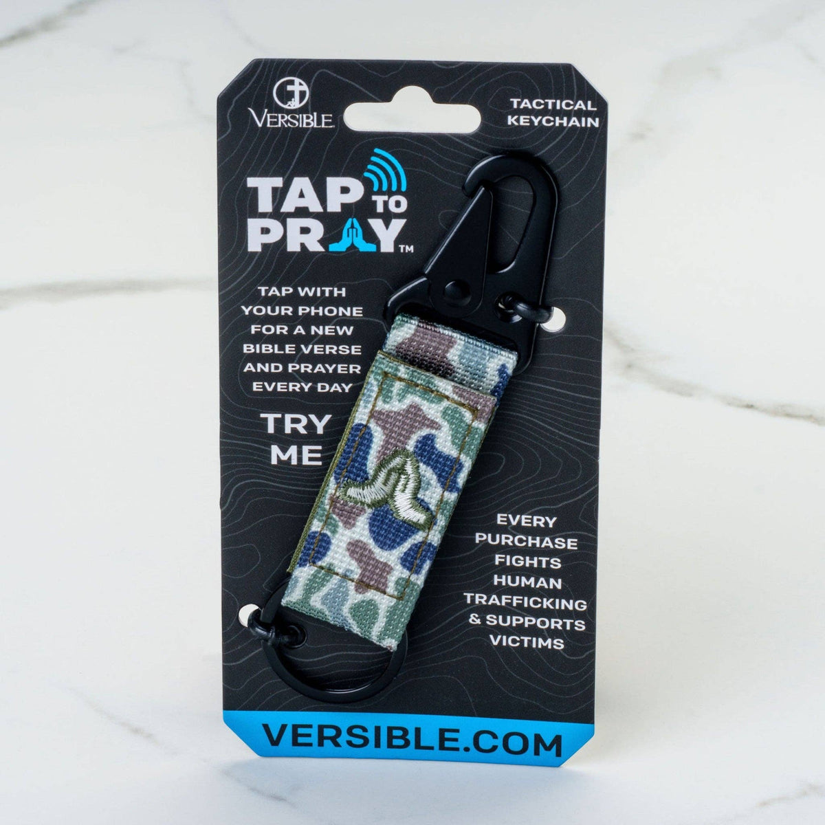Tap To Pray® Tactical Carabiner Keychain: Moss Camo