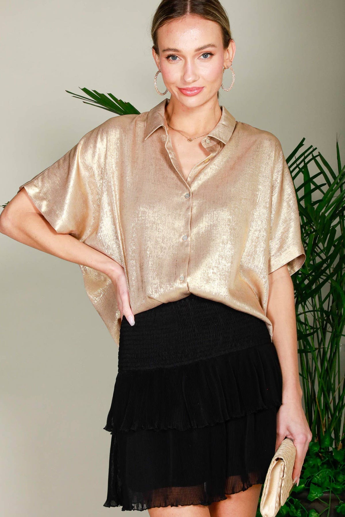Collared Neck Button Down Metallic Woven Top Gold