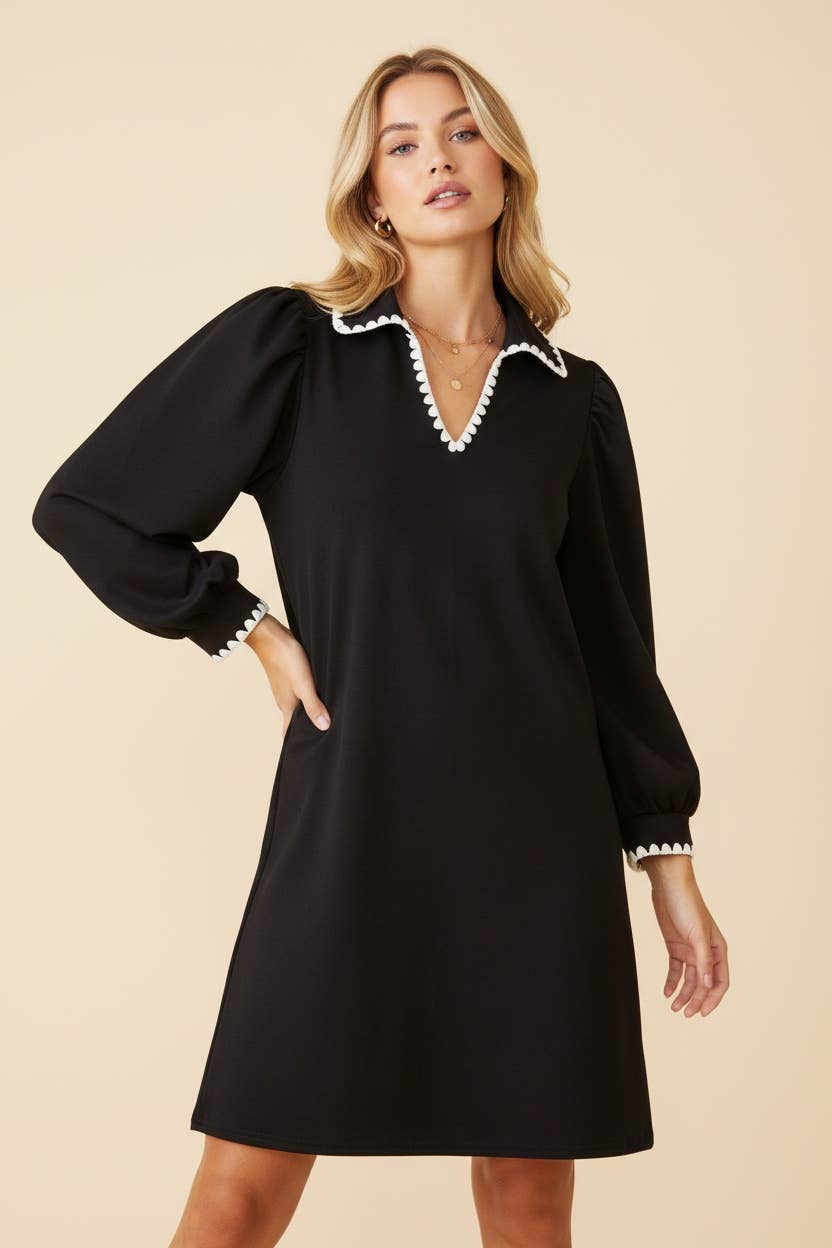 HD50137 Scallop Trim Puff Sleeve Mini Shift Dress : OLIVE / 3-2-1(XL-1XL-2XL)