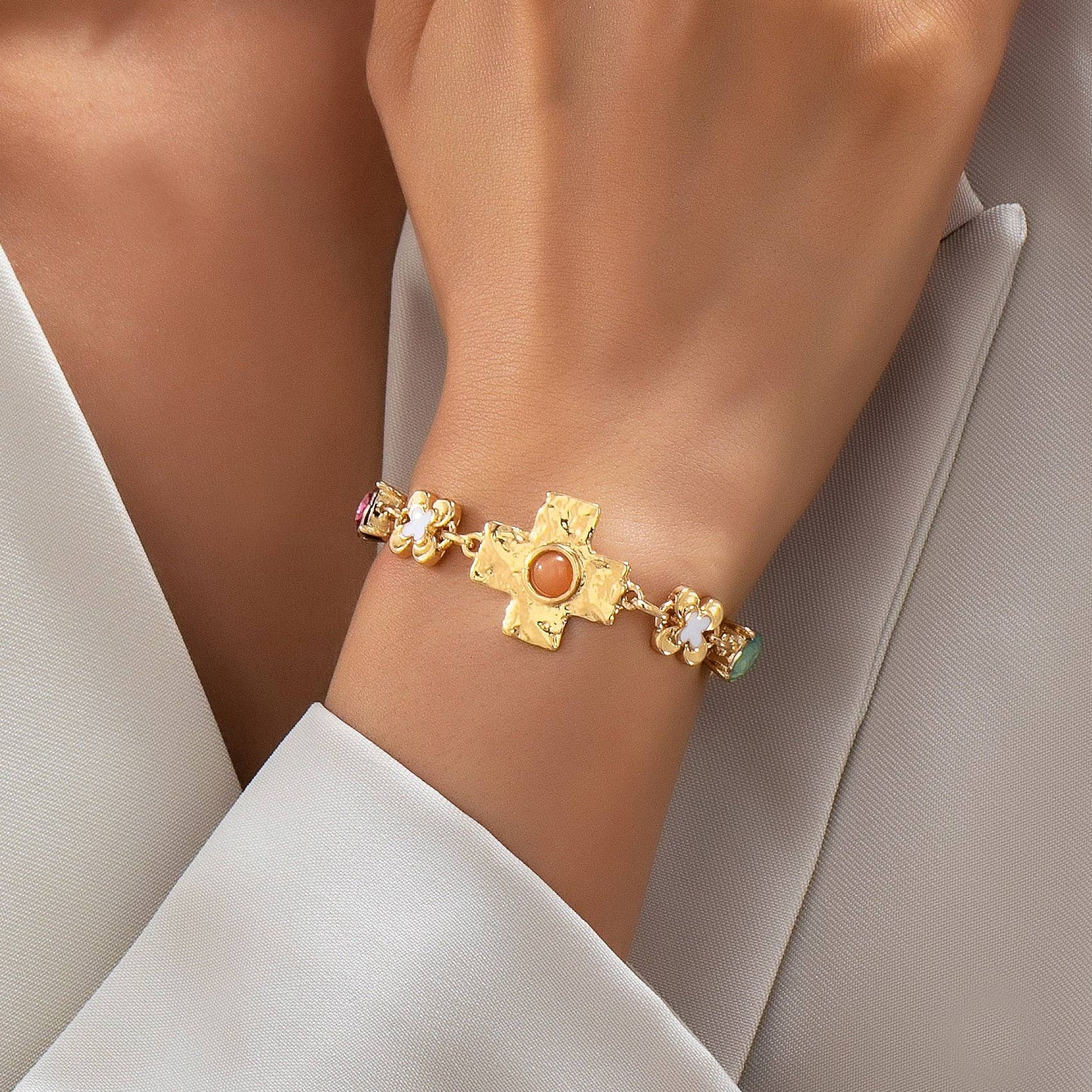 Floral Cross & Gemstone Charm Bracelet GOLD
