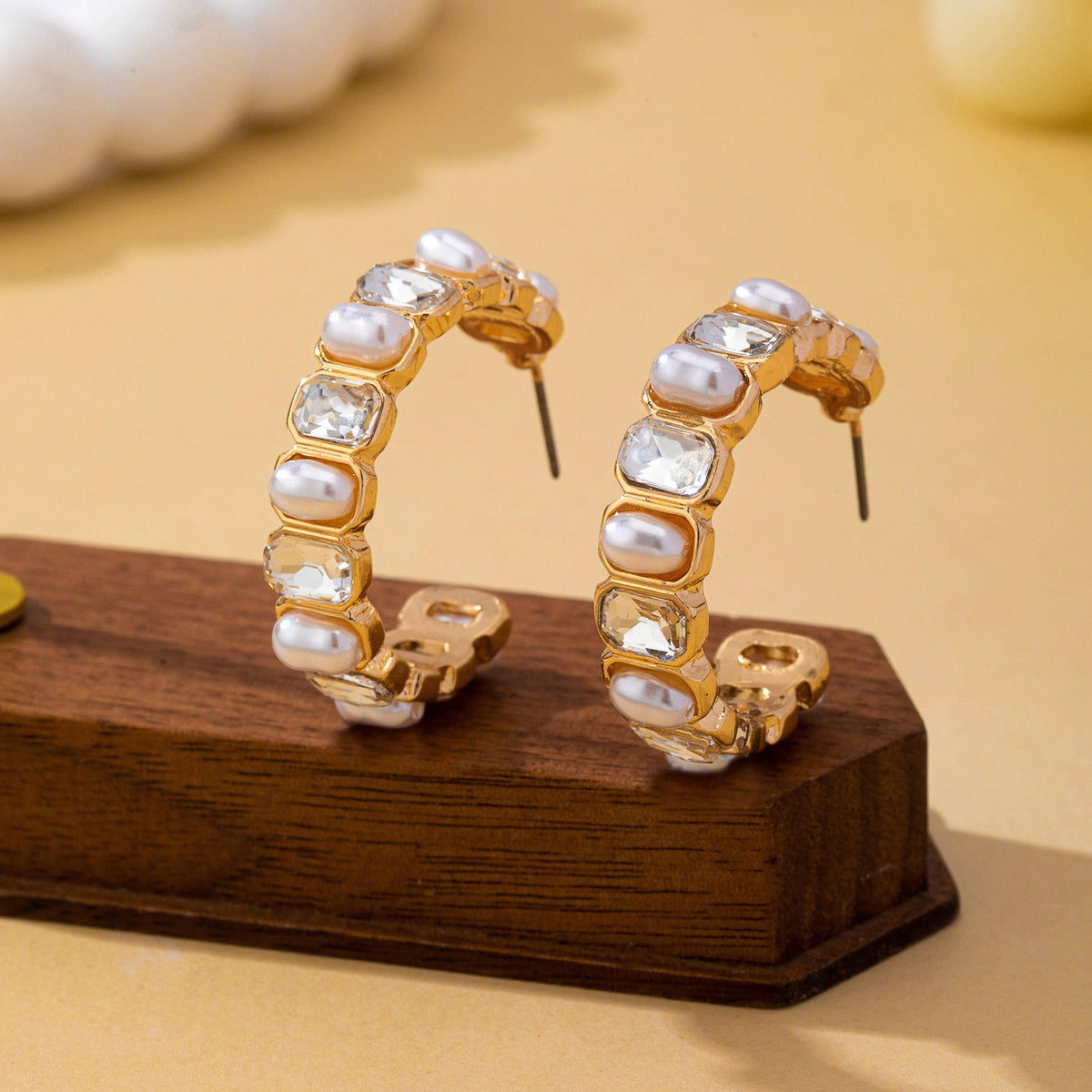 Alternating Pearl and Rhinestone Hoop Earrings