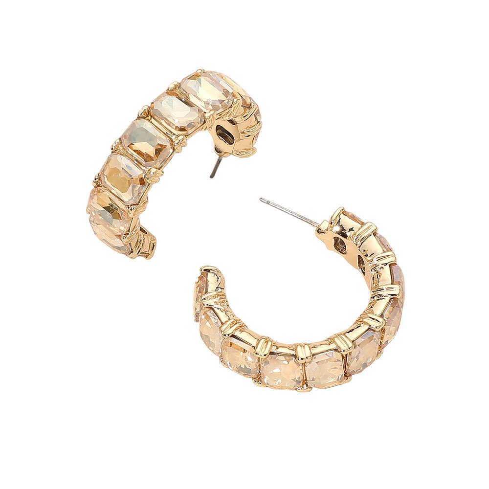 Faceted Rectangular Gem Curved Hoop Earrings: AB,Gold