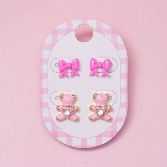 Valentine Enamel Pink Bow and Teddy Bear Stud Earring Set