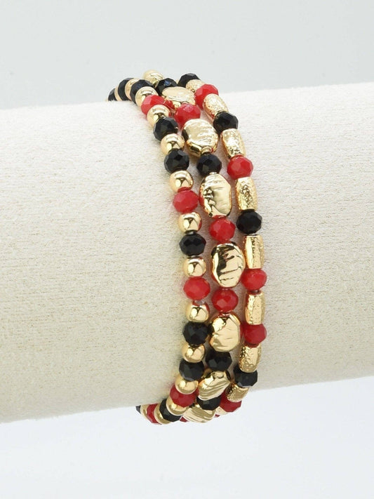 3 Piece CCB Metal Glass Bead Stretch Bracelet Set: Black Red