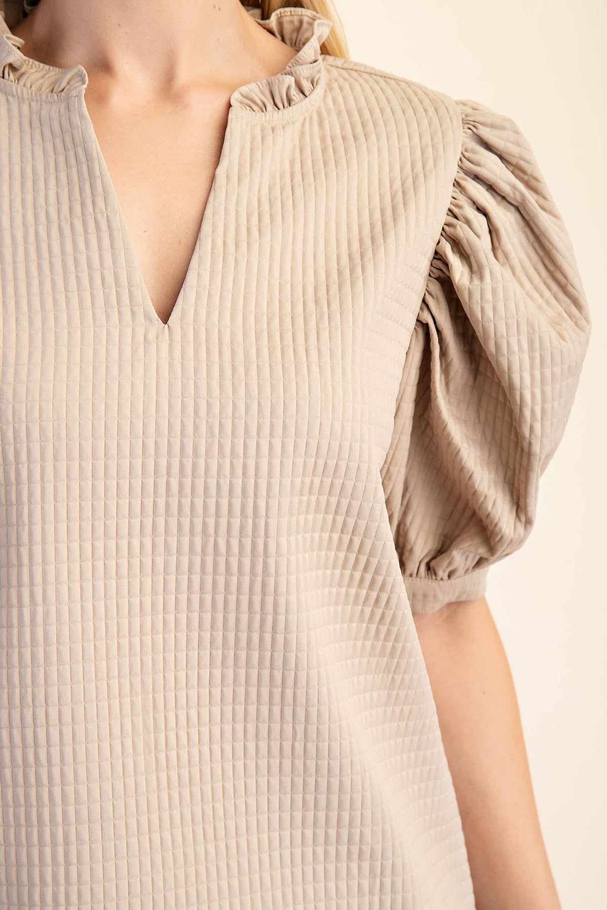 Puff Sleeve Ruffle V-Neck Textured Top: Beige