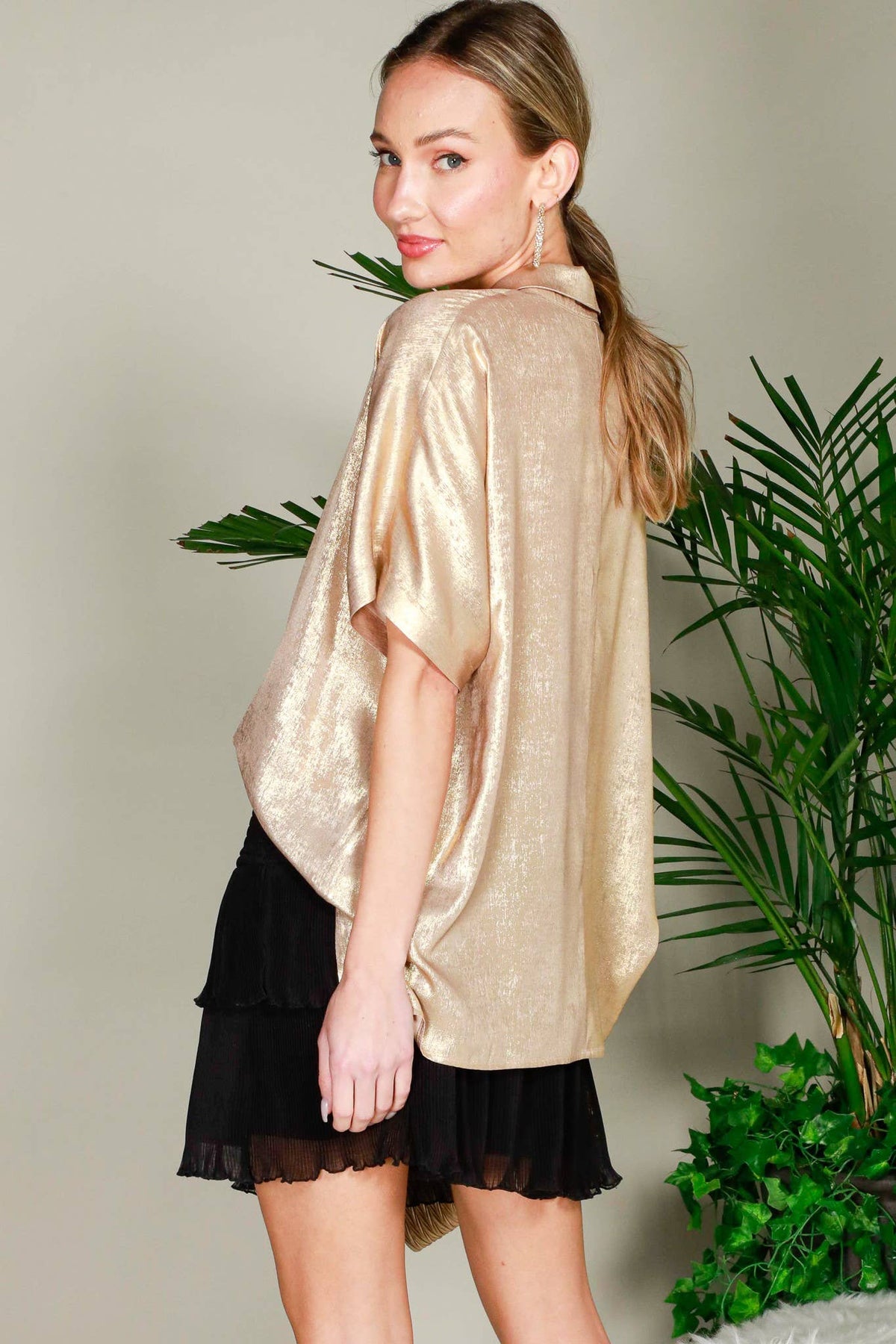 Collared Neck Button Down Metallic Woven Top Gold