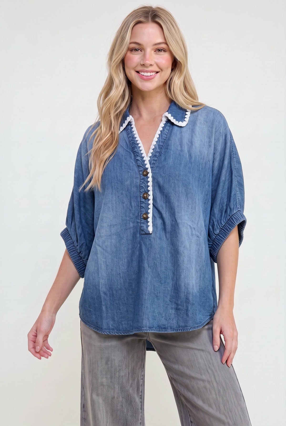 HT20192 Crochet Trim Denim Puff Sleeve Popover Blouse: DENIM / 2-2-2(S-M-L)