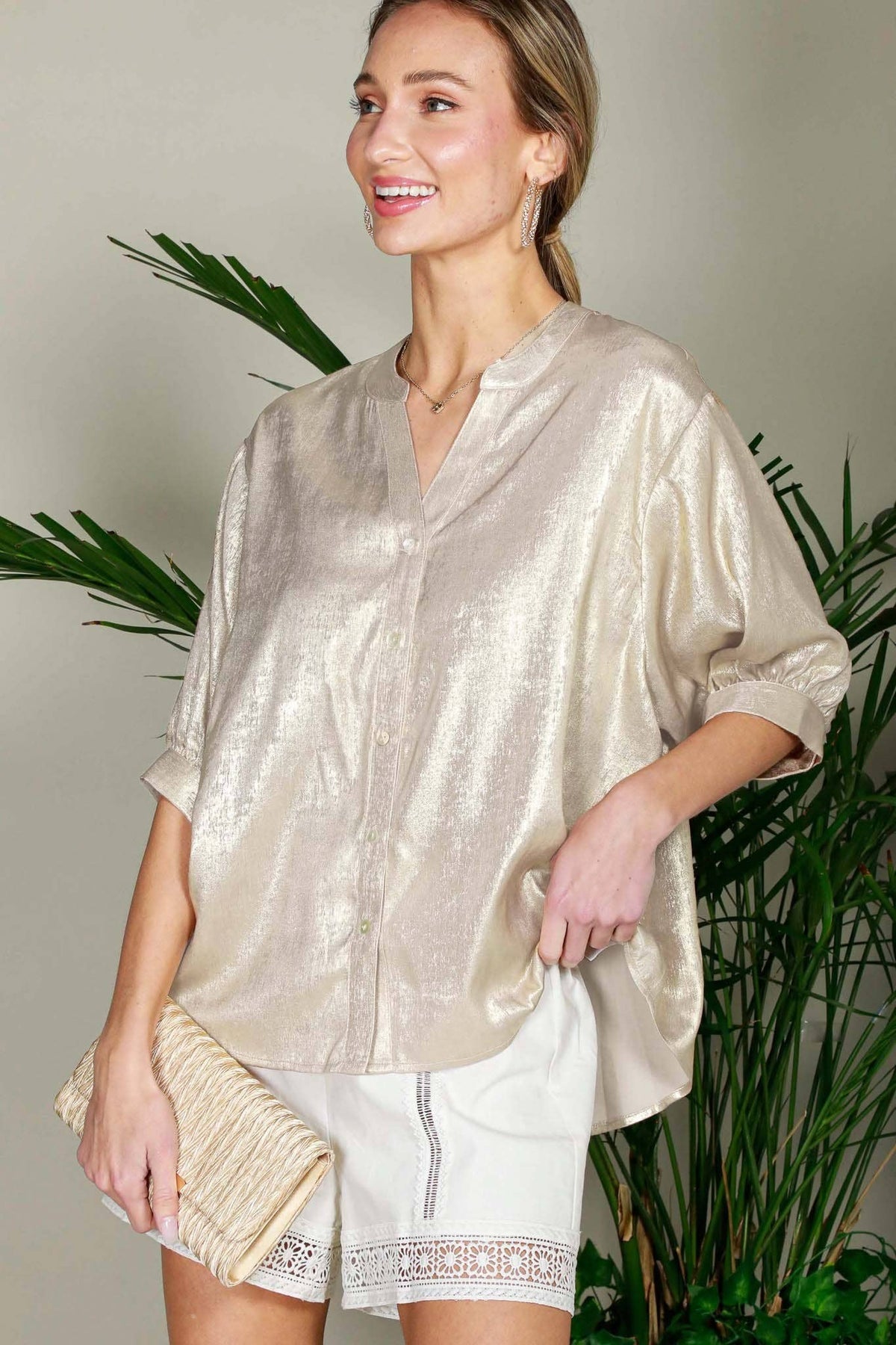 Henley Neckline Metallic Woven Top Gold