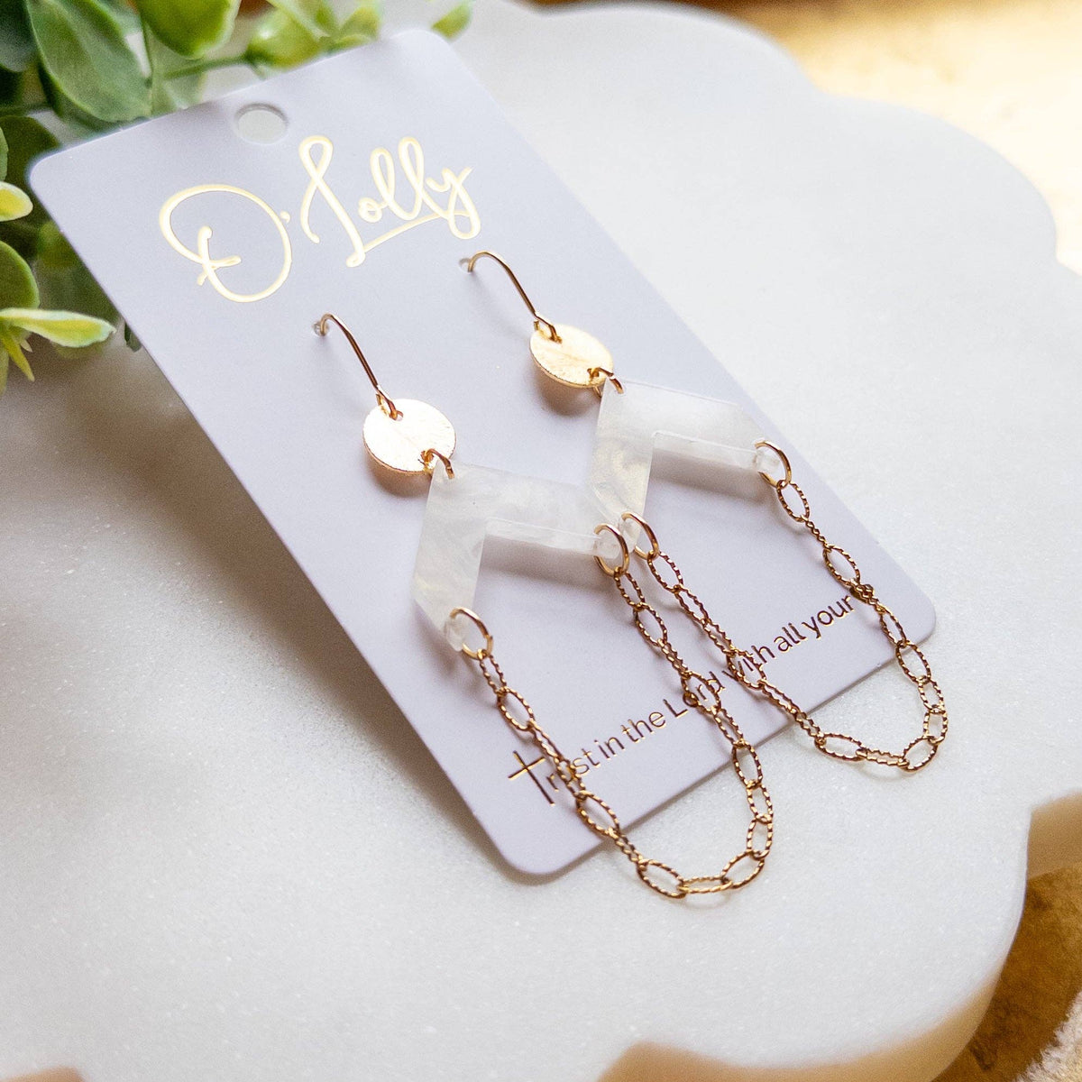 White Geometric Acrylic & Gold Chain Drop Earrings “Celeste”