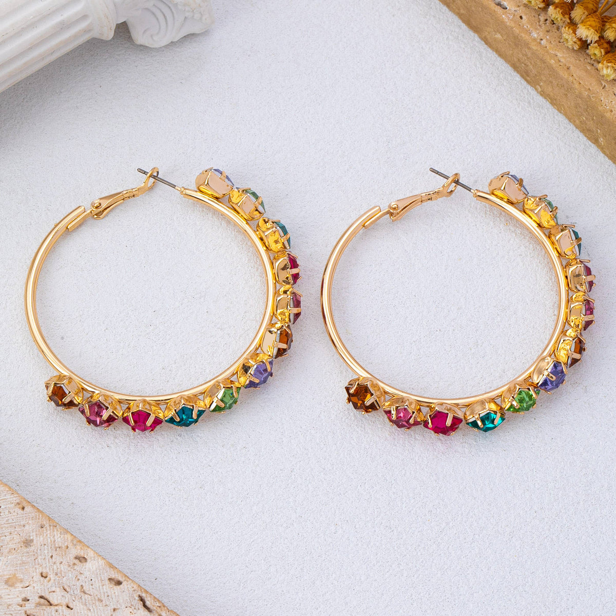 Multi-Color Rainbow Crystal Hoop Earrings