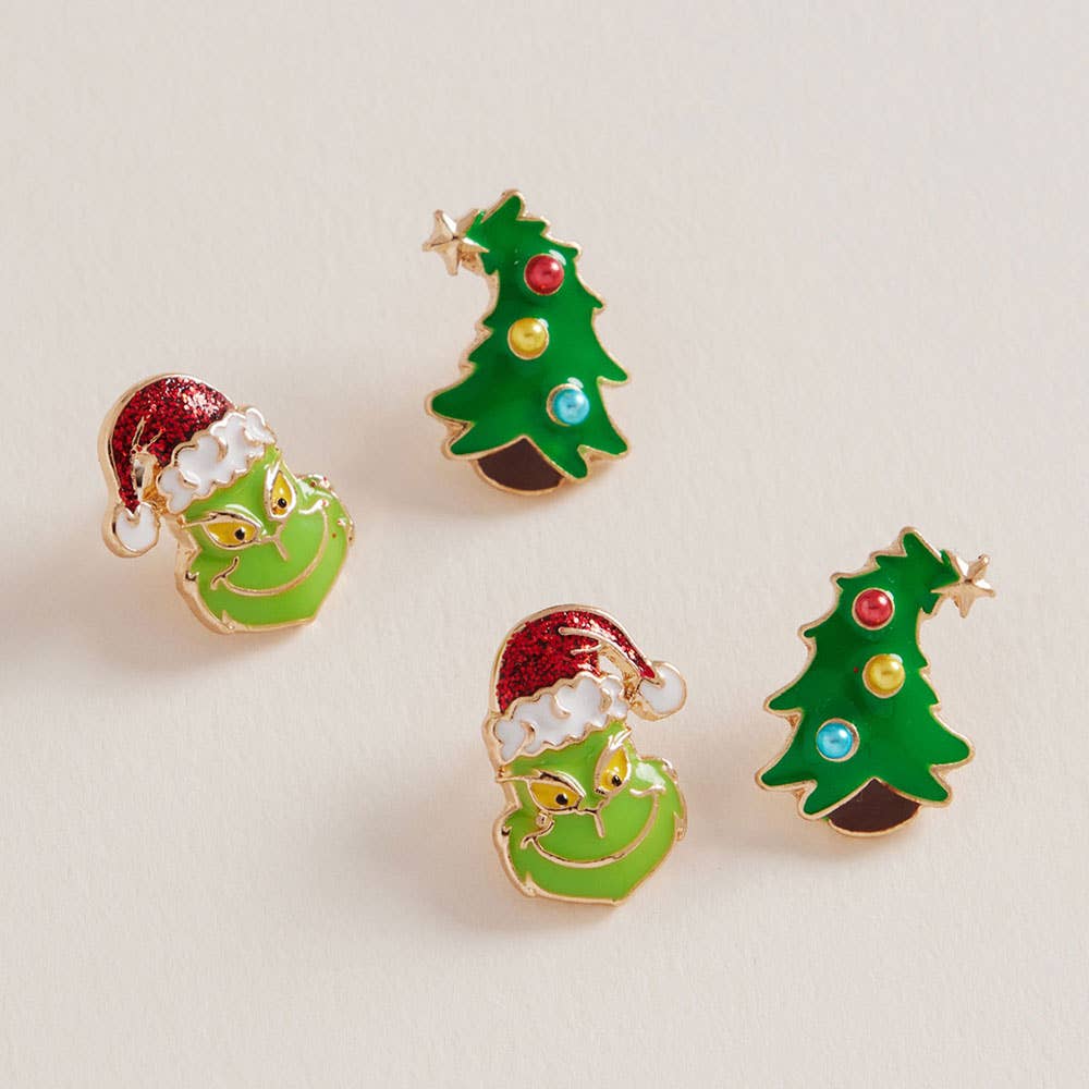2Pairs - Christmas Grinch Green Monster Stud Earring Set: Pink