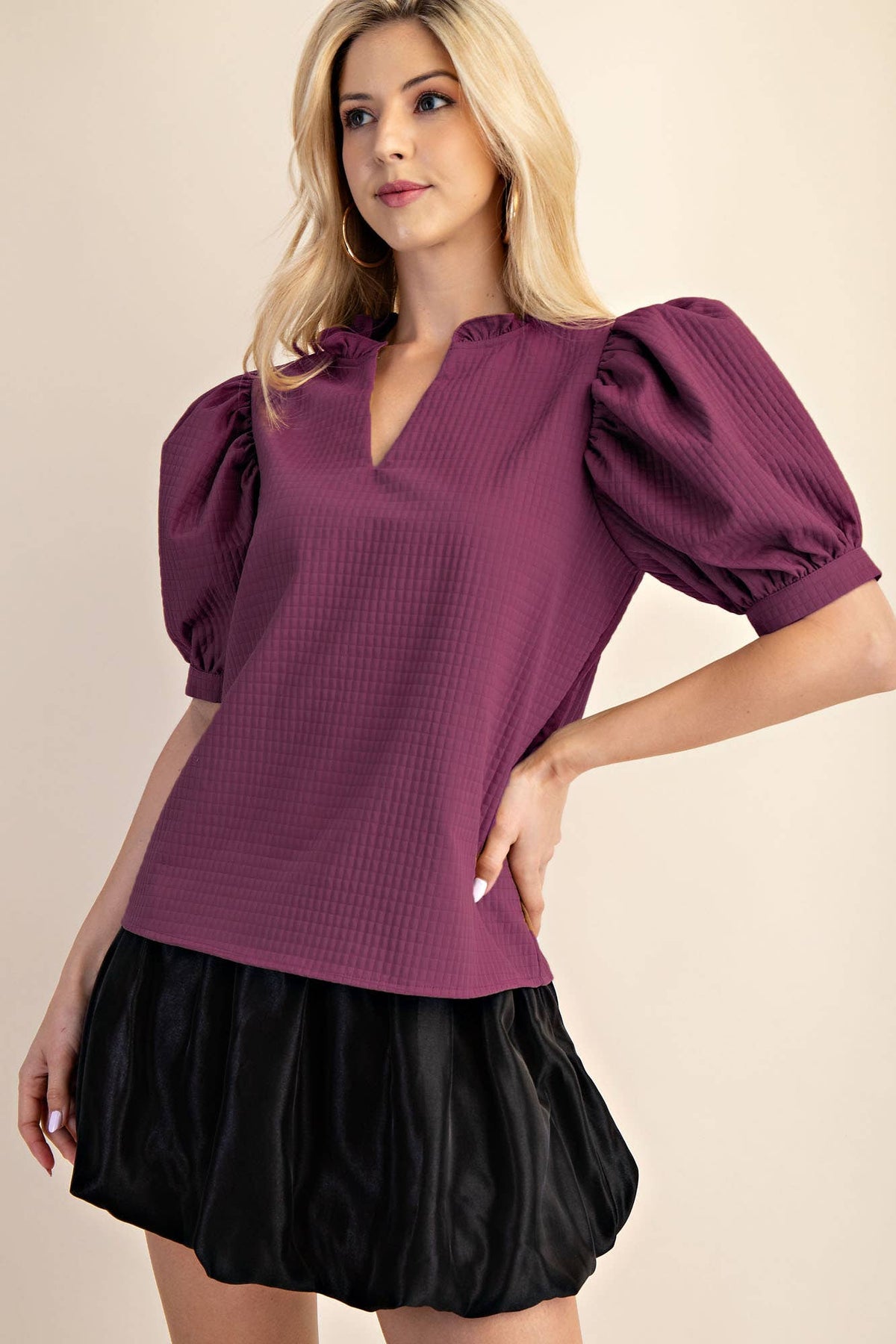 Puff Sleeve Ruffle V-Neck Textured Top: Beige