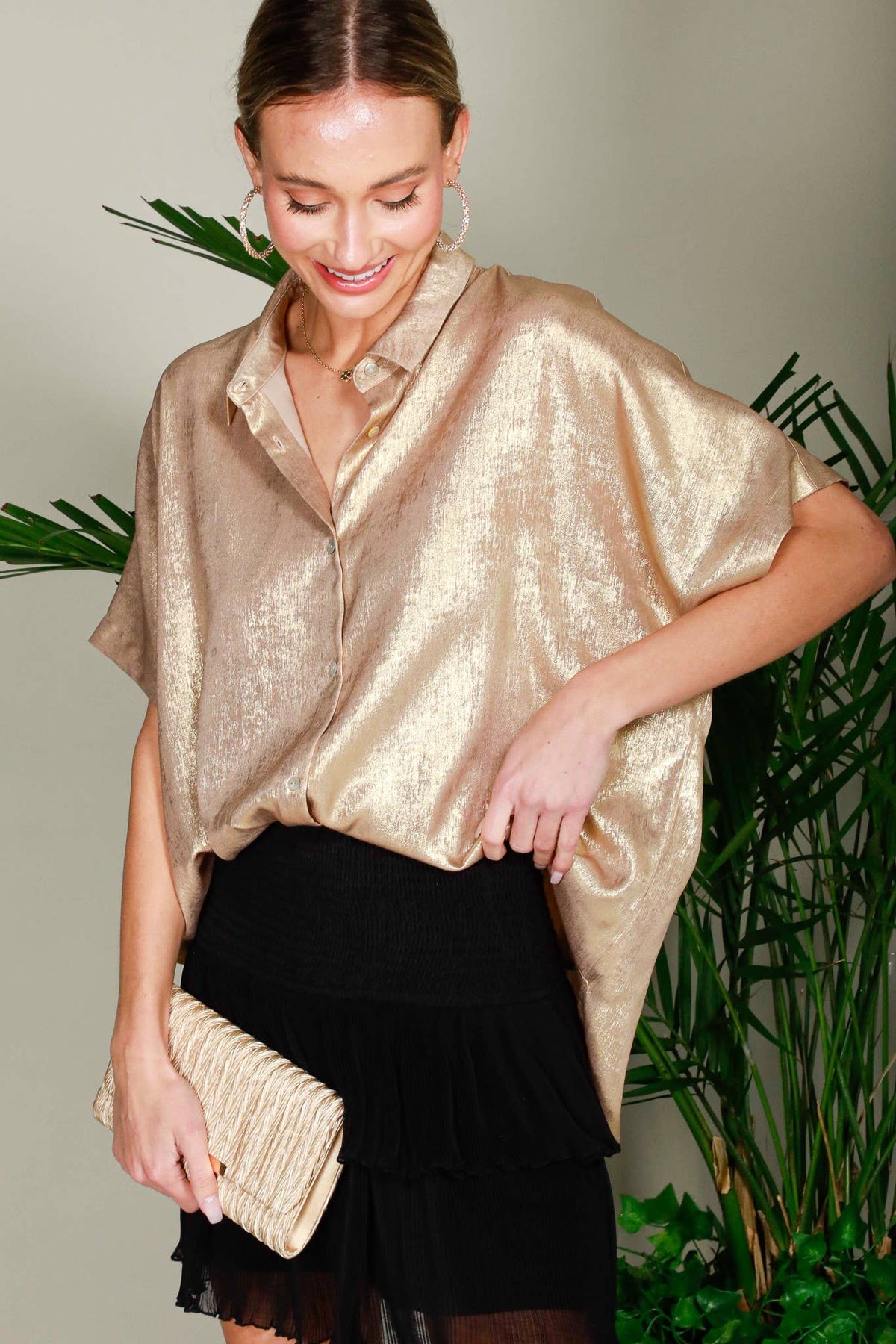 Collared Neck Button Down Metallic Woven Top Gold