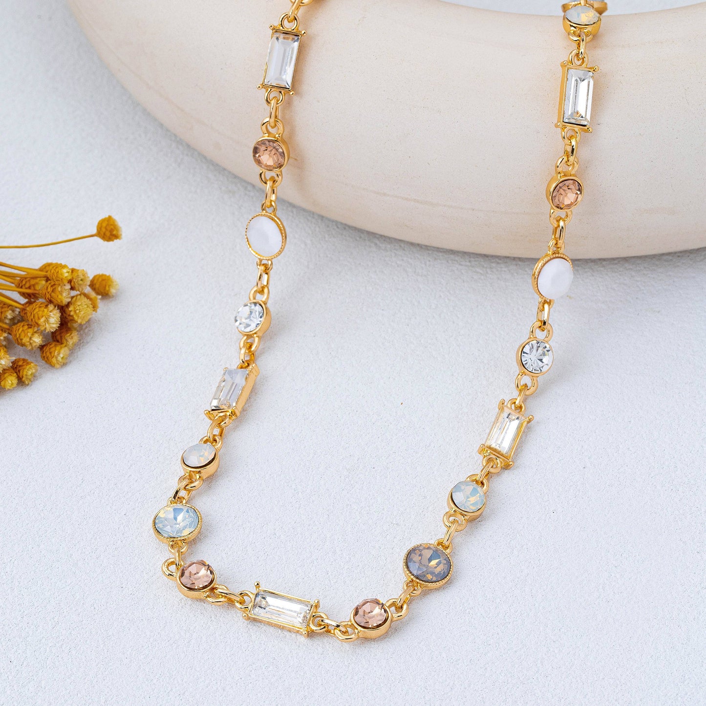 Mixed-Cut Crystal Station Statement Necklace Gold