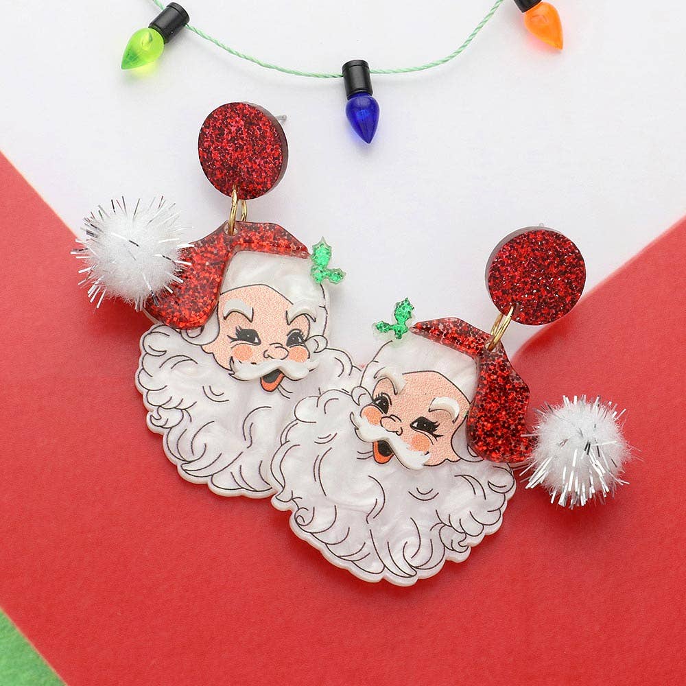 Glittered Resin Pom Santa Dangle Earrings: Red