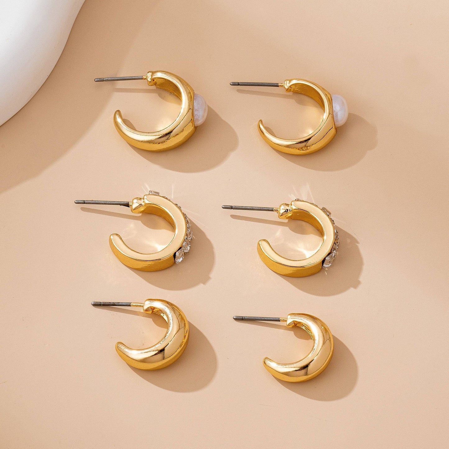 Pearl & Baguette Huggie Hoop Trio Earring Set | 80E61741: GOLD