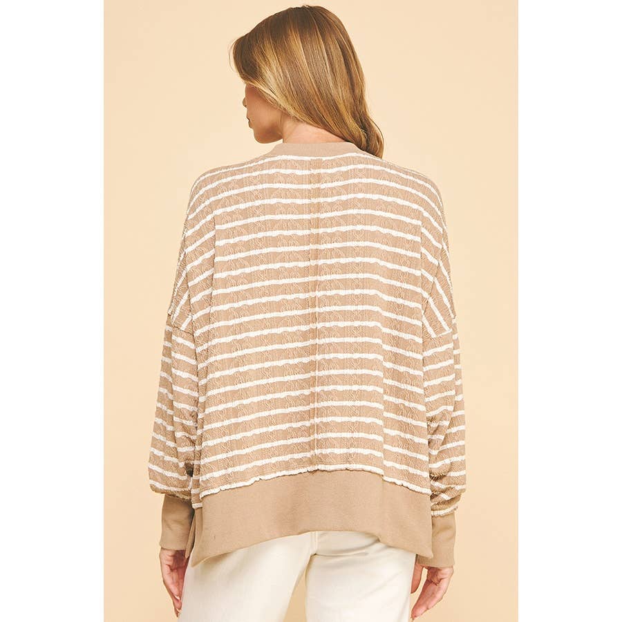 Relaxed Fit Textured Striped Pullover Top: Brown
